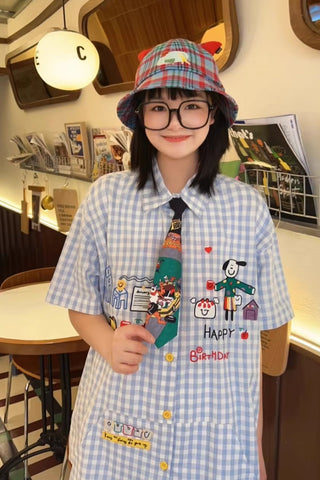 Short Sleeve Cute Pattern Plaid Blouse Shirt