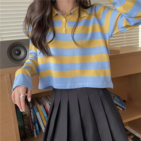 Long Sleeve Turn Down Collar Striped Slim Sweater