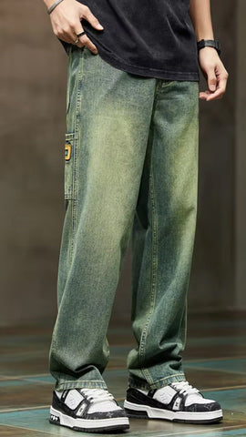 High Waist Retro Blue Men Jeans Pants
