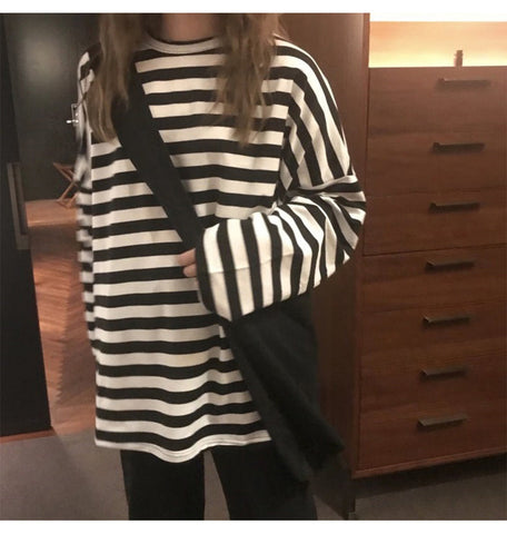 Long Sleeve Loose Black Striped Shirt