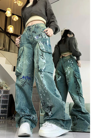Loose Graffiti Pattern Cargo Pockets Jeans Pants