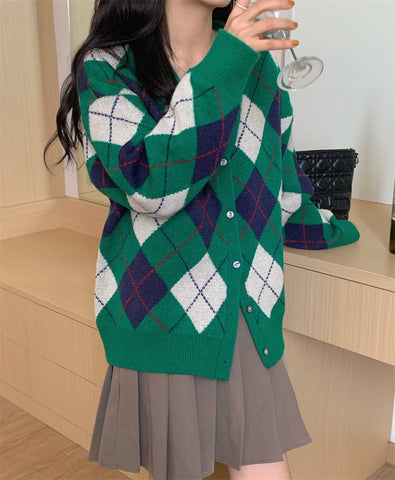 Argyle Pattern Casual Cardigan Sweater