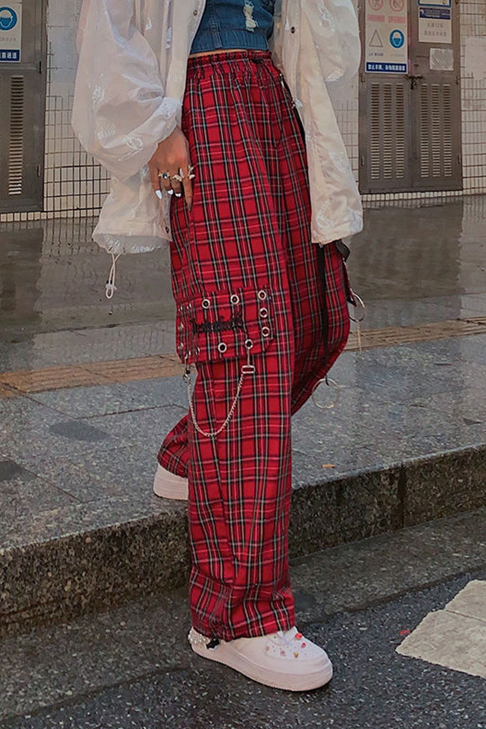 Red Plaid Hip Hop Chain Cargo Pants