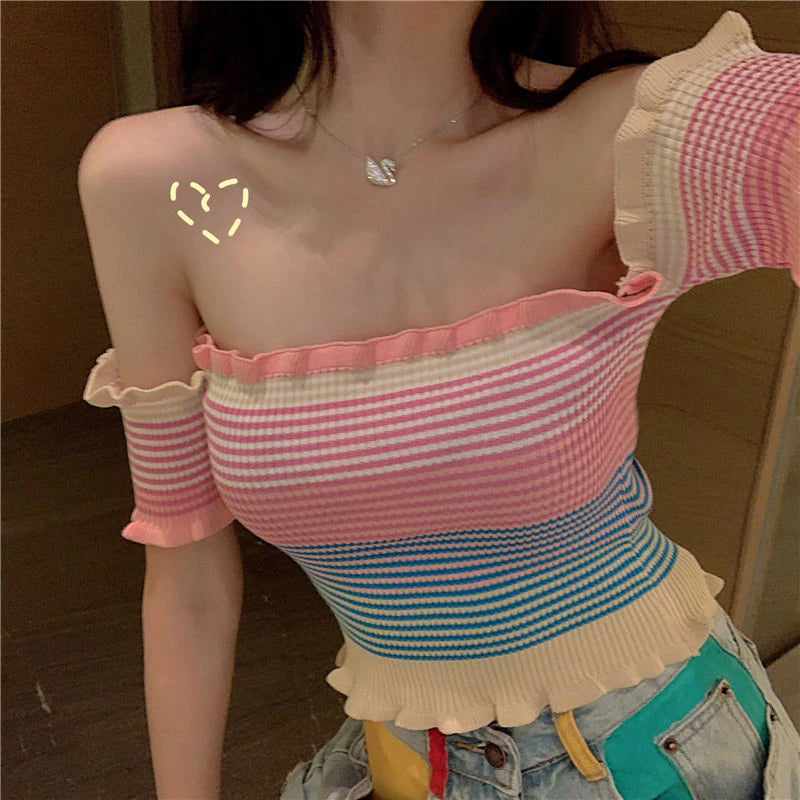 Ruffles Knitted Striped Sexy Off Shoulder Crop Tops