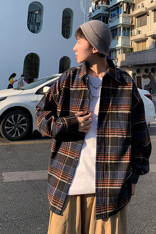 Long Sleeve Loose Plaid Men Shirt