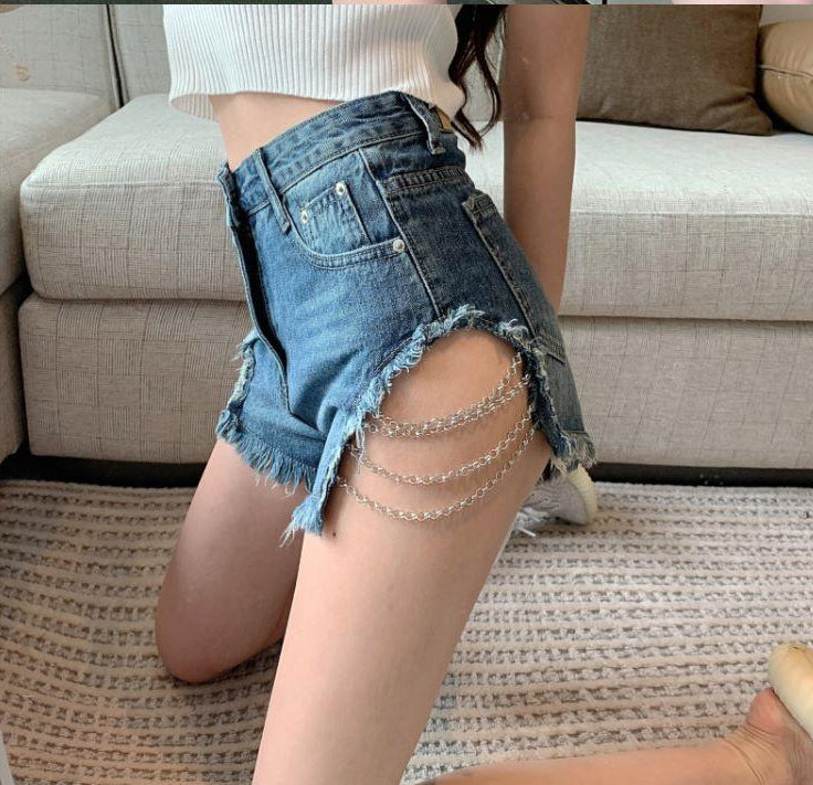 High Waist Metal Chain Slim Shorts Jeans