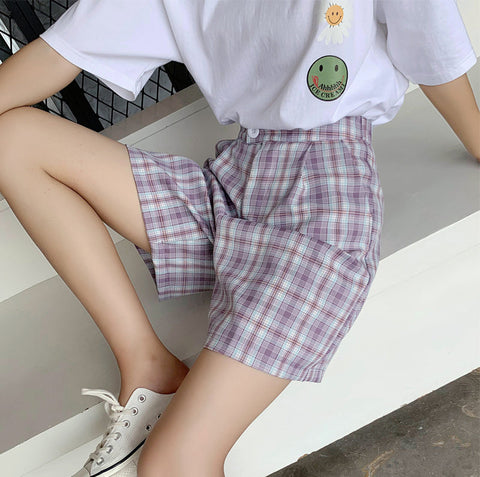 High Waist Vintage Plaid Shorts Pants