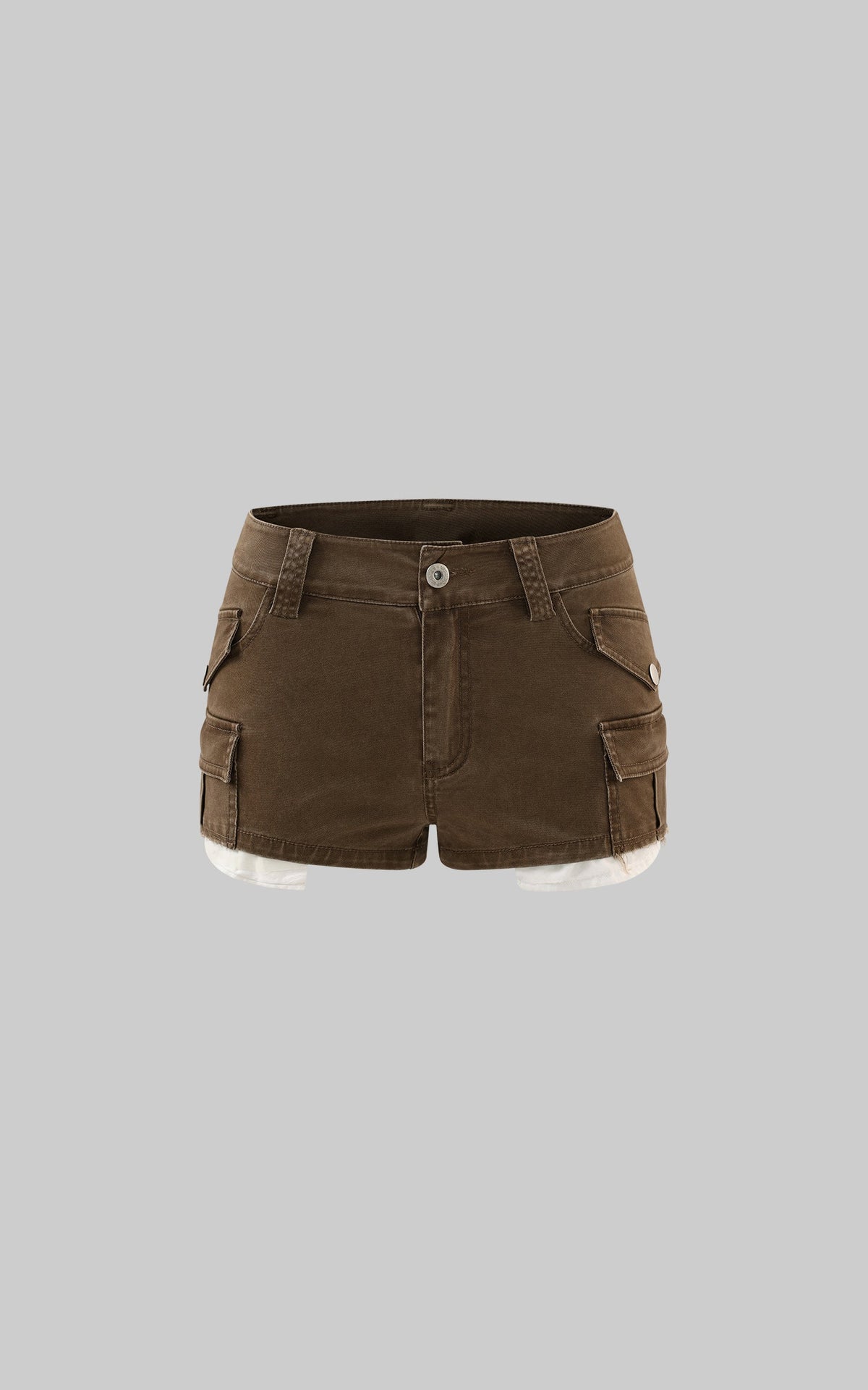Low-Rise Cargo Shorts with Distressed Hem and Inner Layer Detail