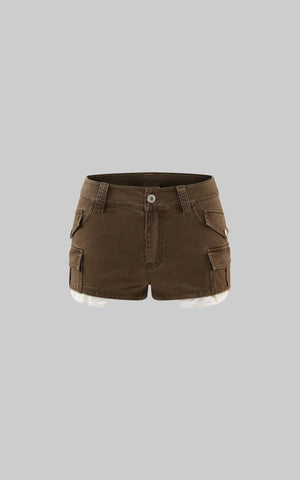 Low-Rise Cargo Shorts with Distressed Hem and Inner Layer Detail