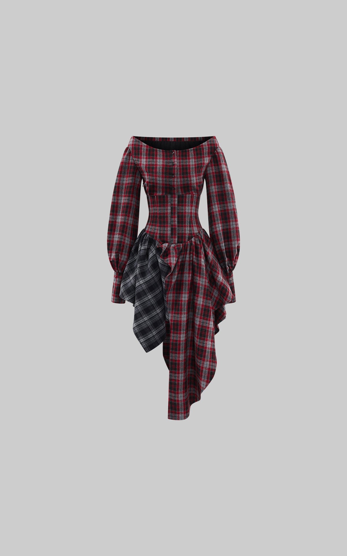 Asymmetric Plaid Off-Shoulder Dress with Draped Panels