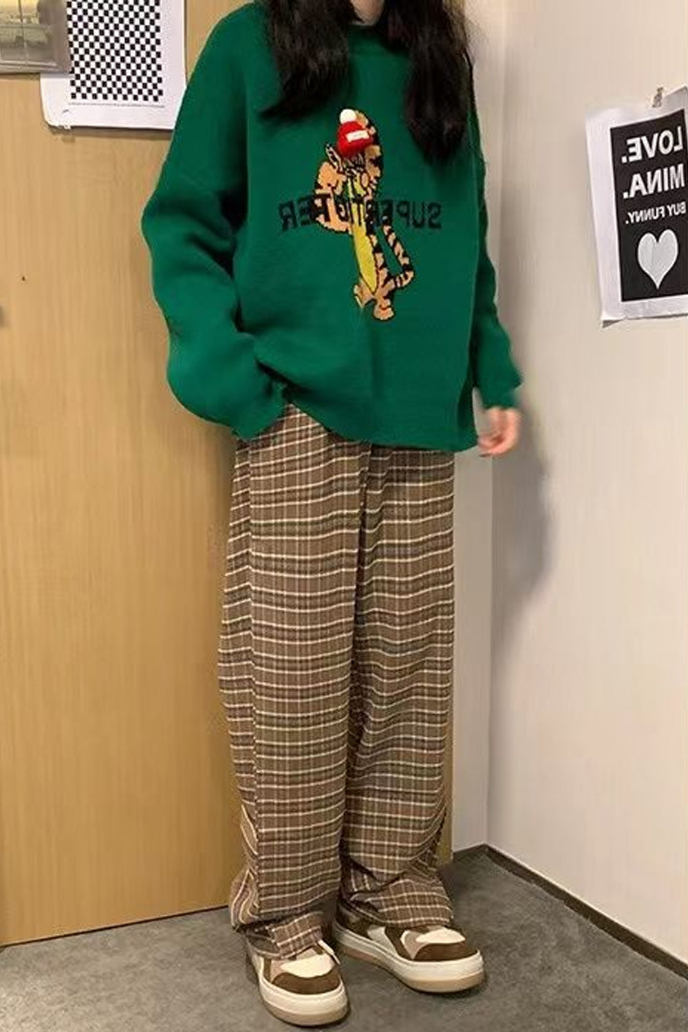 High Waist Retro Brown Plaid Long Pants