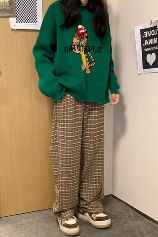 High Waist Retro Brown Plaid Long Pants
