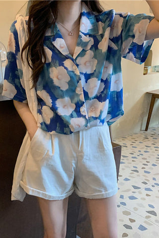 Short Sleeve Floral Painting Blouse Shirt