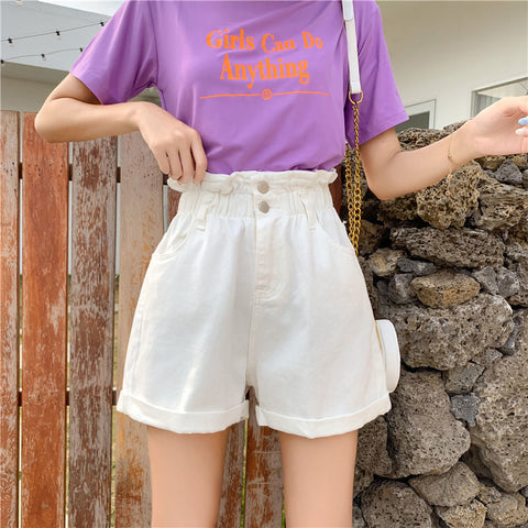 High Waist Elastic Ruffle Denim Shorts Jeans