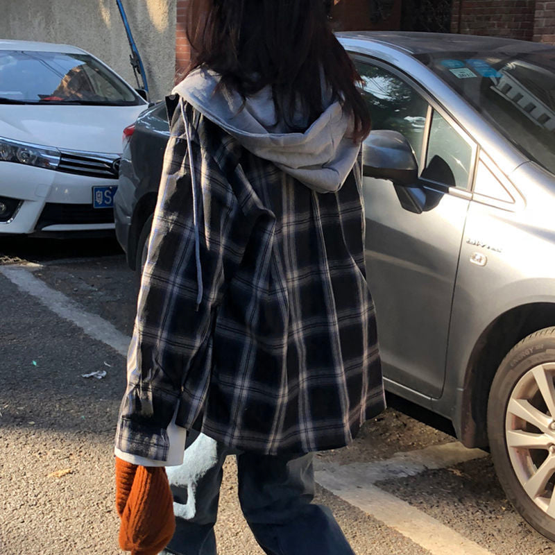 Vintage Basic Plaid Hooded Shirt