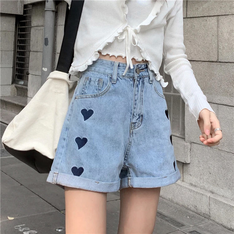 High Waist Heart Love Printed Denim Shorts Pants