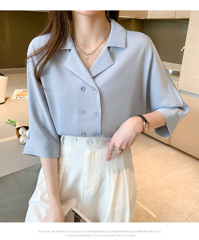 Half Sleeve Notched Collar Office Blouse Shirt