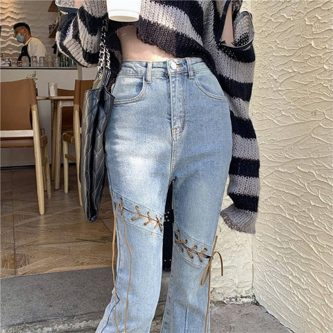 Split Leg Lace Up Tie Long Slim Jeans Pants