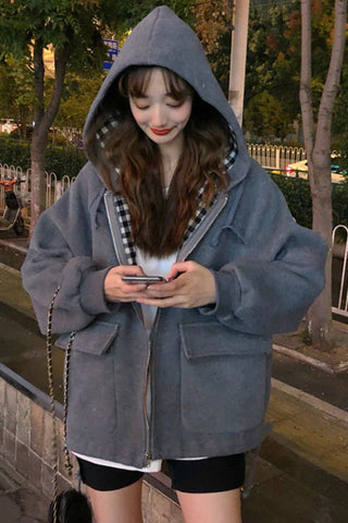 Loose Plaid Side Hooded Jacket