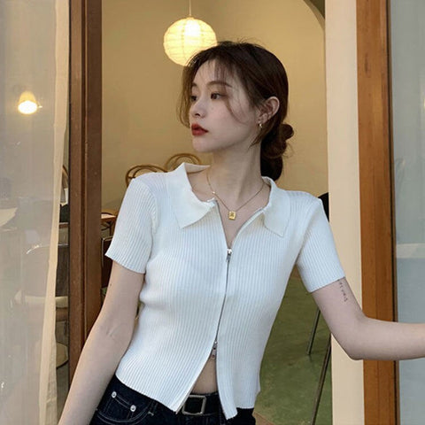 Short Sleeve Casual Zipper Knitted Blouse Shirt