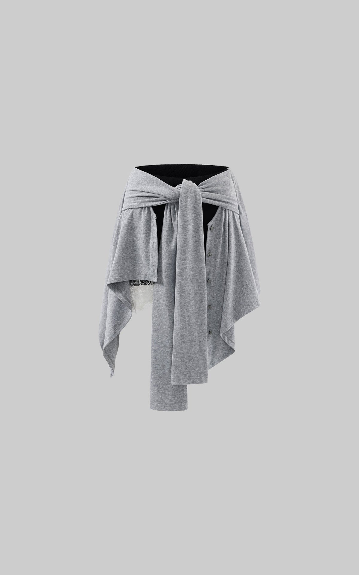 Gray Asymmetric Skirt with Lace Panel and Tie Detail