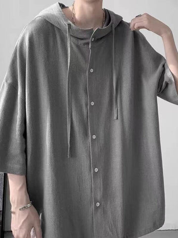 Loose Short Sleeve Hip Hop Men Hooded Shirt