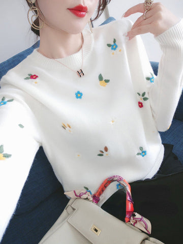 O-Neck Small Daisy Embroidery Sweater