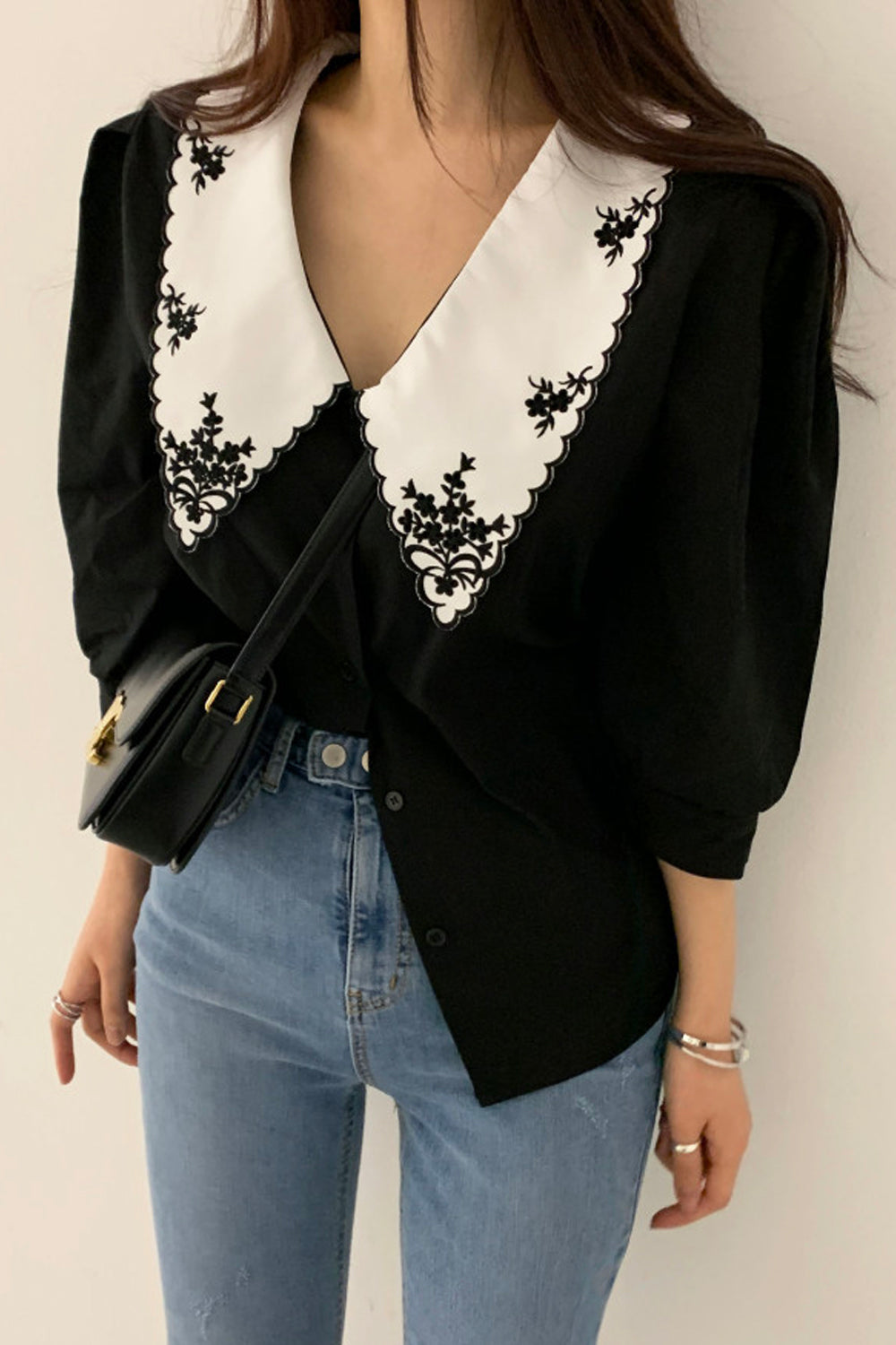 Elegant Floral Embroidered Retro Collar Blouse Shirt