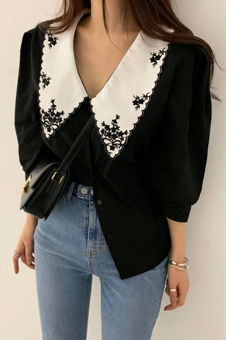 Elegant Floral Embroidered Retro Collar Blouse Shirt