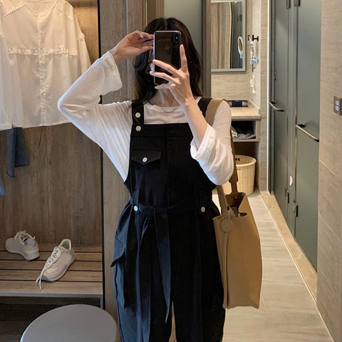 Loose Retro Sashes Black Jumpsuits