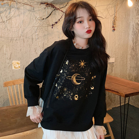 Moon Stars Planet Pattern Casual Sweatshirt