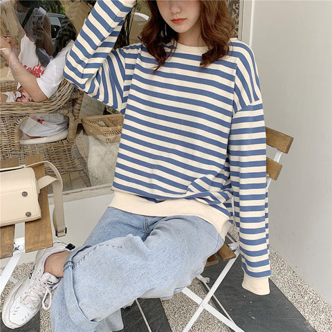 Long Sleeve O-Neck Simple Striped Sweatshirt