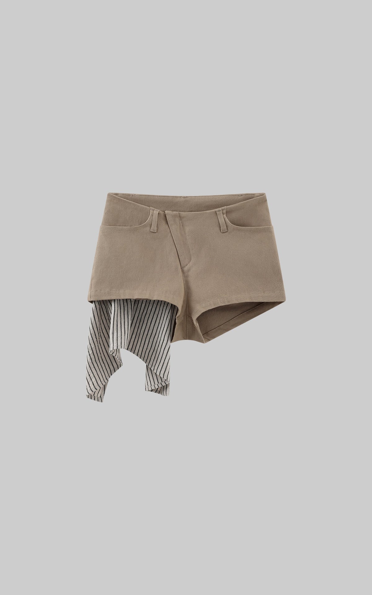 Asymmetric Layered Shorts with Striped Draped Panel
