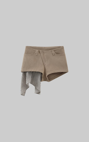 Asymmetric Layered Shorts with Striped Draped Panel