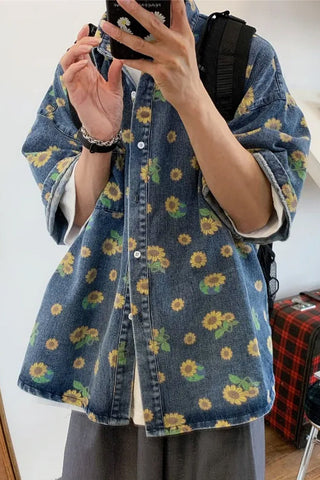 Short Sleeve Daisy Printed Denim Men Shirts