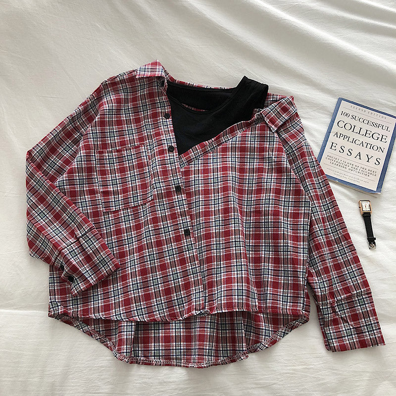 Stitching Fake Two Piece Plaid Shirt