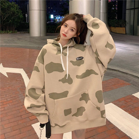 Loose Cow Pattern Hooded Jacket