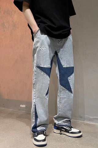 Star Embroidery Patchwork Men Denim Long Pants