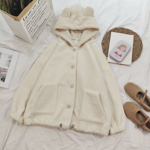 Loose Hooded Ears Fluffy Jacket