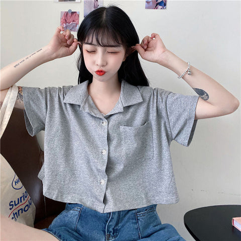 Turn Down Collar Loose Cropped Shirt