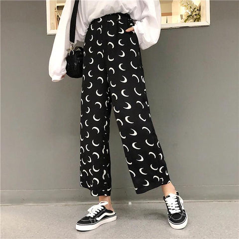 High Waist Moon Printed Wide Leg Pants