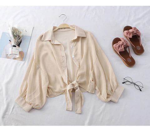 Elegant Half Sleeve Tied Transparent Blouse Shirt