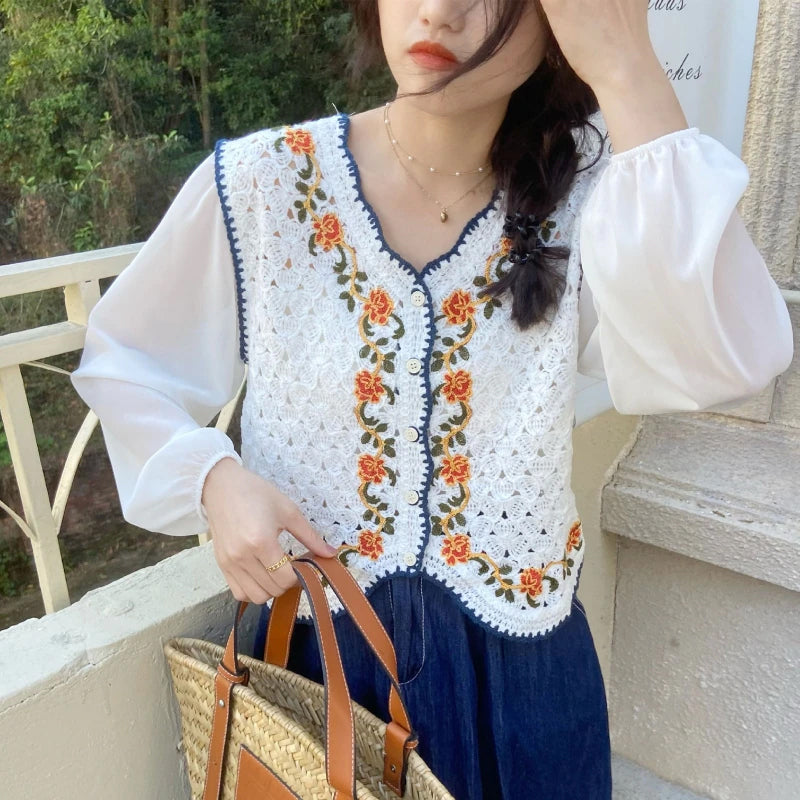 Long Sleeve Floral Pattern Crochet Blouse Shirt