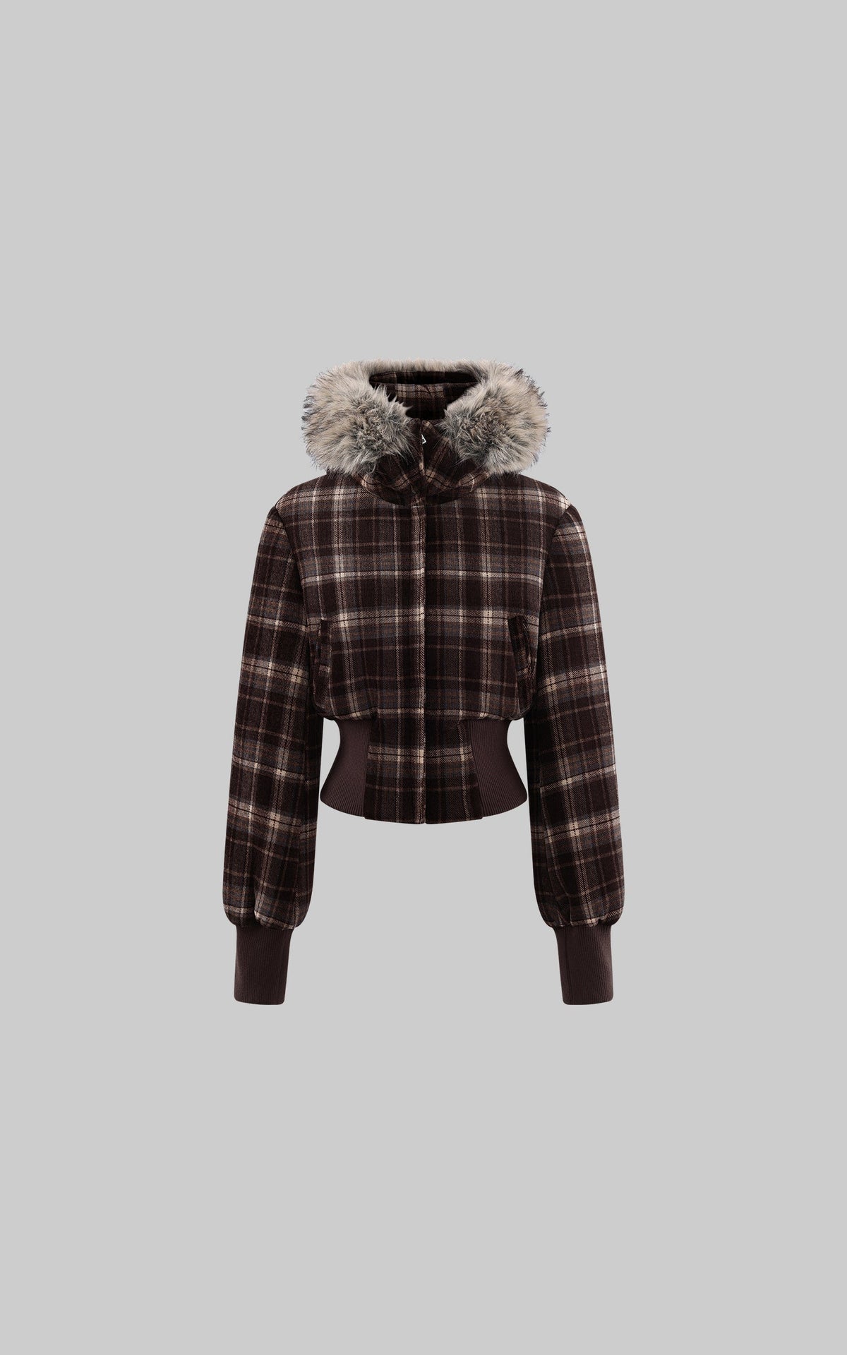 Structured Plaid Down Jacket with Detachable Fur Hood