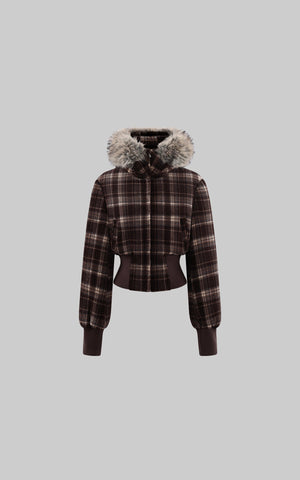 Structured Plaid Down Jacket with Detachable Fur Hood