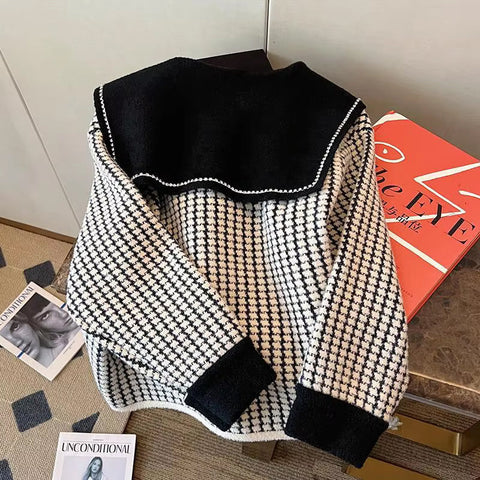 Long Sleeve Sailor Collar Houndstooth Pattern Jacket