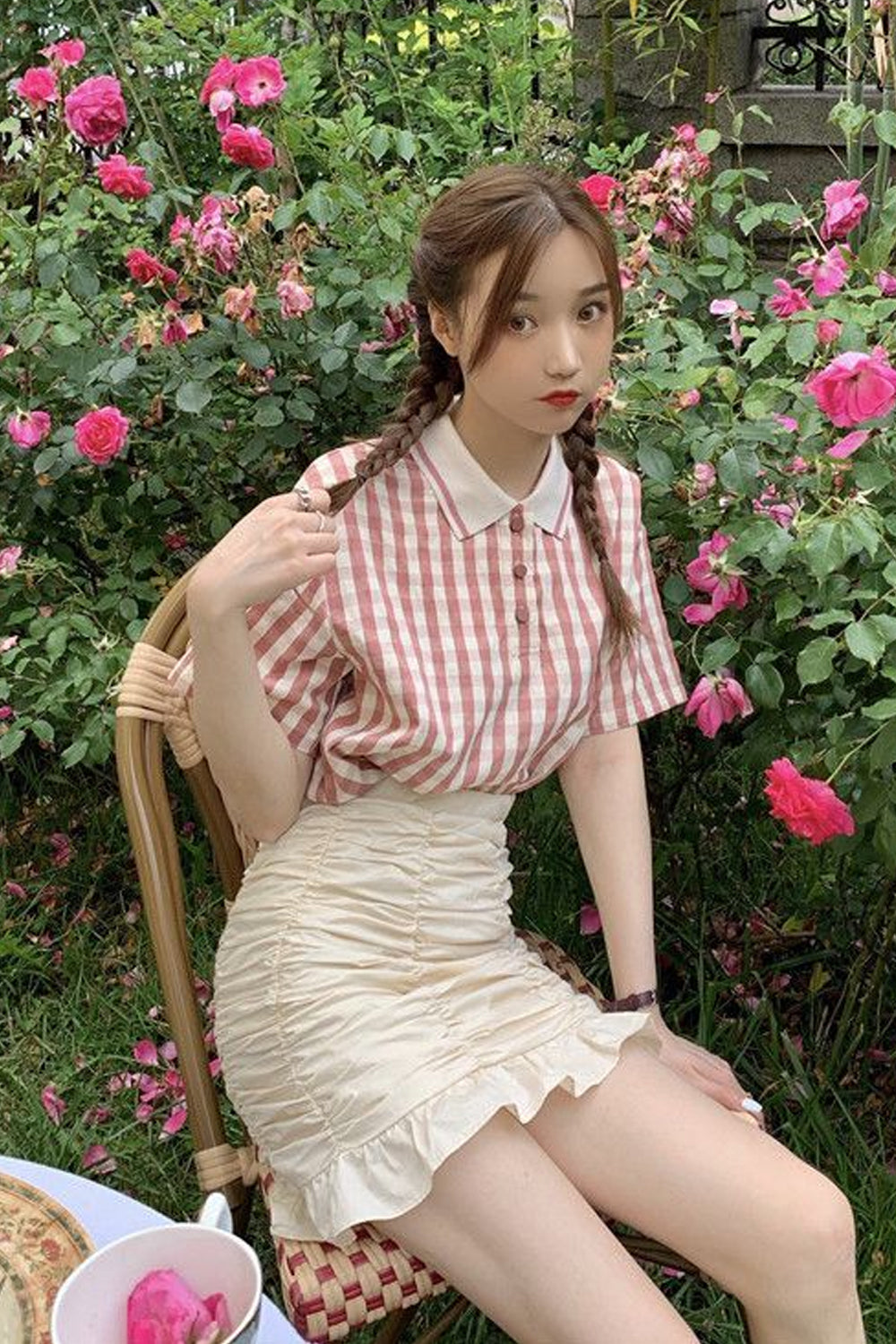 Pink Plaid Turn Down Collar Cute Shirts