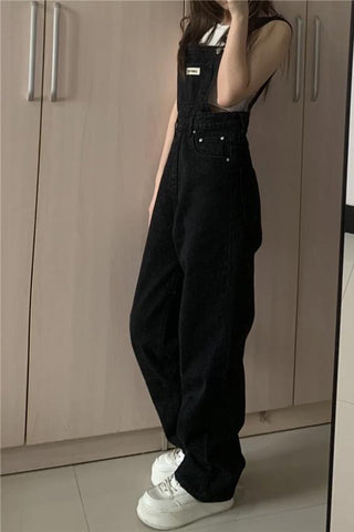 Retro Long Casual Black Denim Jumpsuit