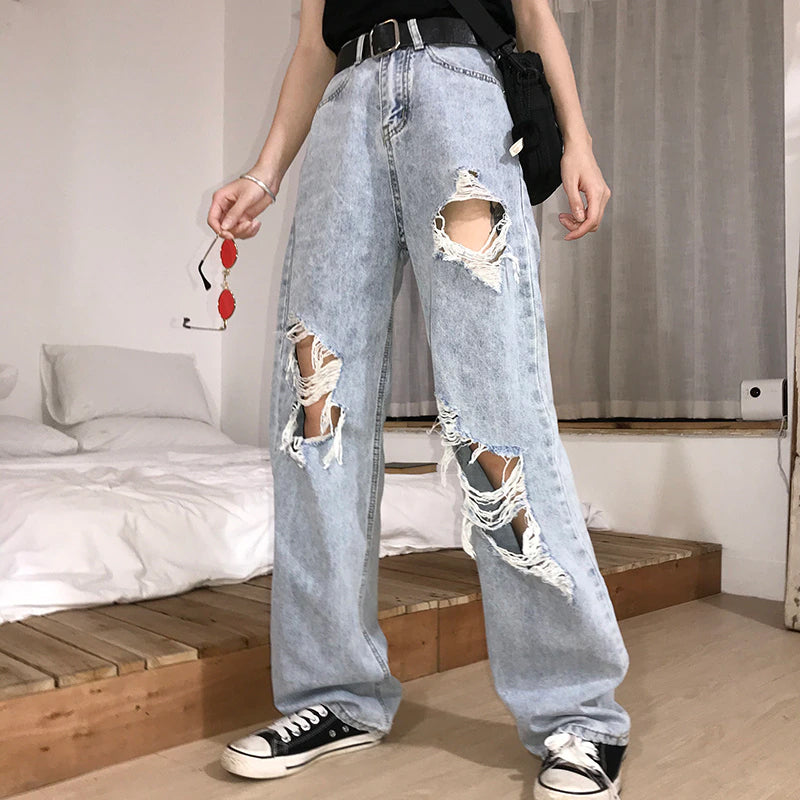 HIgh Waist Ripped Loose Long Jeans Pants