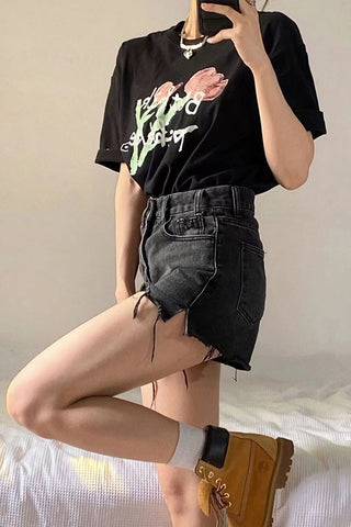 Sexy Retro Tassel Black Jeans Shorts